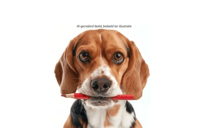 Beagle met verkiezingspotlood in haar bek.